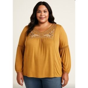 Knox Rose Womens Long Sleeve Embroidered‎ Lace Yoke Peasant Blouse Top Size XXL